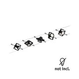 Black cable lighting system with five adjustable metal LED spotlights for modern room lighting