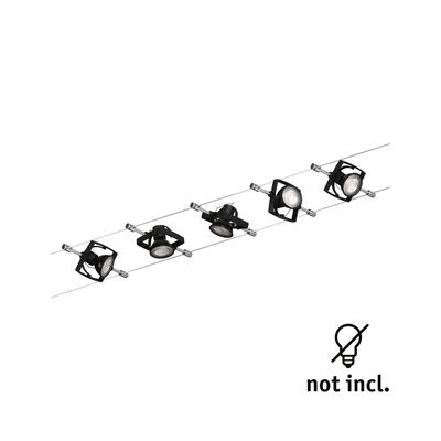 Black cable lighting system with five adjustable metal LED spotlights for modern room lighting