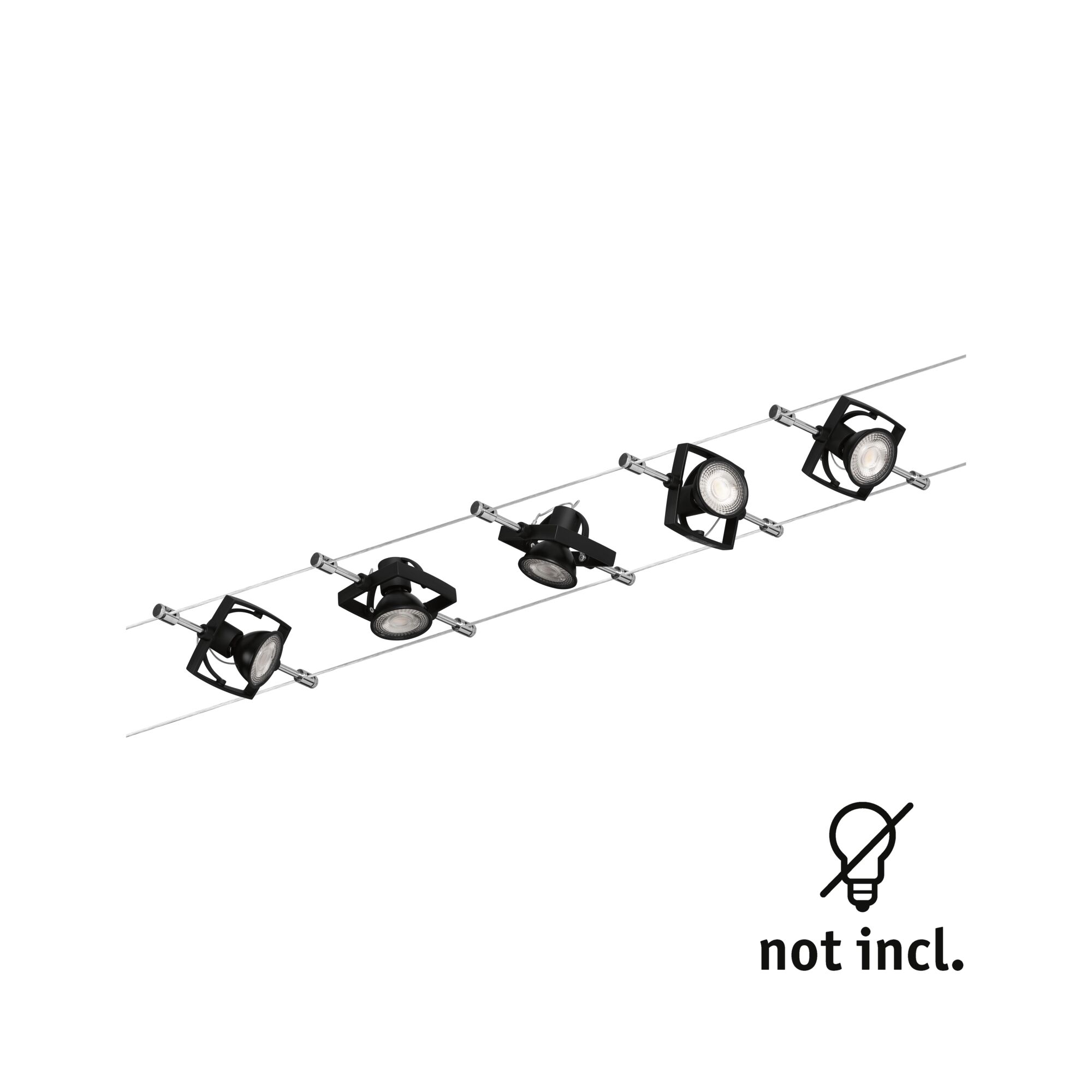 Sort kabelbelysningssystem med fem justerbare LED-spotlights i metal til moderne rumbelysning