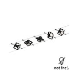 Black cable lighting system with five adjustable metal LED spotlights for modern room lighting