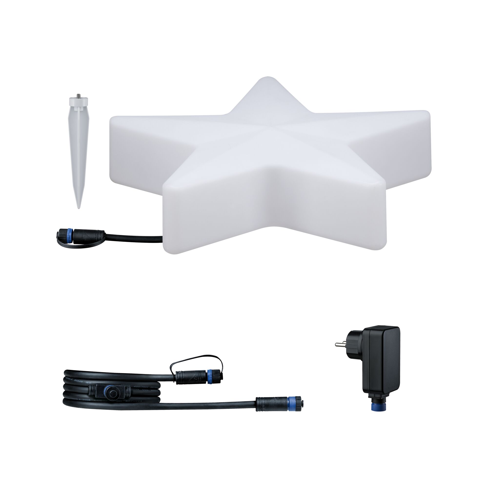Weißer Stern aus Kunststoff mit Erdspieß, Kabel und Netzteil für Außenbeleuchtung, LED Lichtdeko