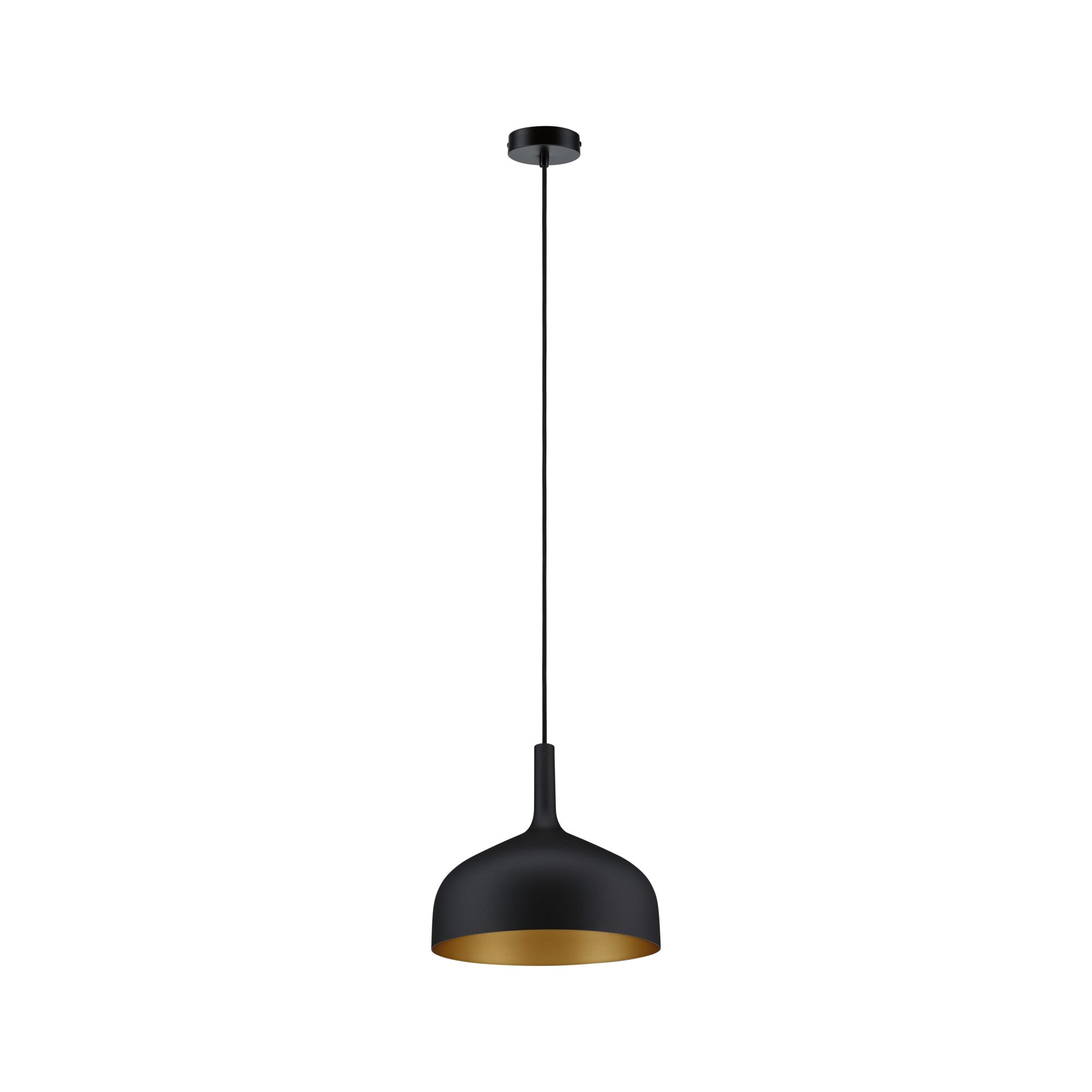 Moderne zwarte metalen hanglamp met gouden binnenkant voor stijlvolle verlichting in huis
