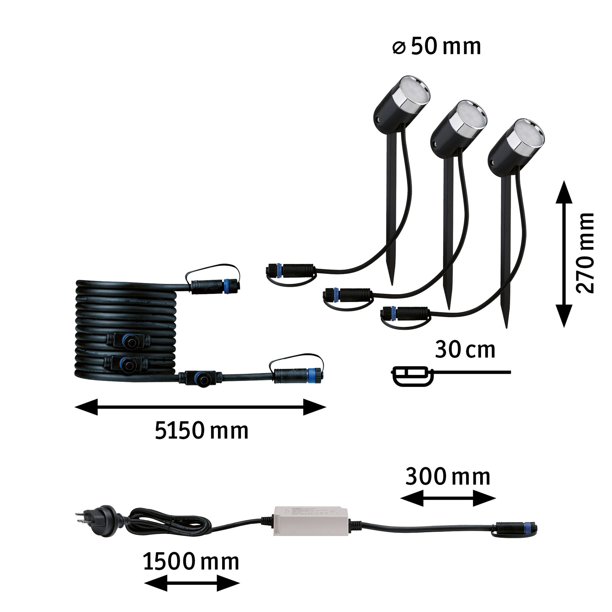 Black LED garden spotlight set with ground stakes, cables, and power plug, showing dimensions and connectors