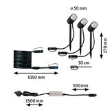 Black LED garden spotlight set with ground stakes, cables, and power plug, showing dimensions and connectors