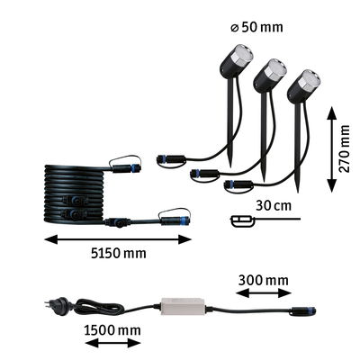 Black LED garden spotlight set with ground stakes, cables, and power plug, showing dimensions and connectors