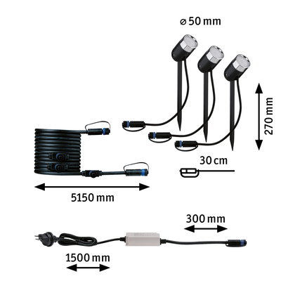 Schwarzes LED-Gartenstrahler-Set mit Erdspießen, Kabeln und Netzstecker, Maße und Anschlüsse sichtbar