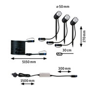 Schwarzes LED-Gartenstrahler-Set mit Erdspießen, Kabeln und Netzstecker, Maße und Anschlüsse sichtbar