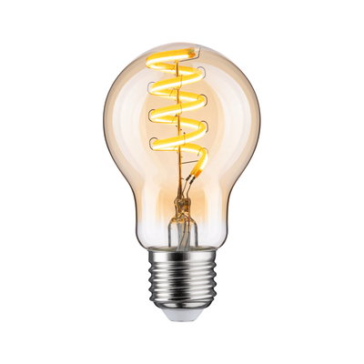 LED light bulb with spiral yellow filament and clear glass for decorative lighting and energy saving