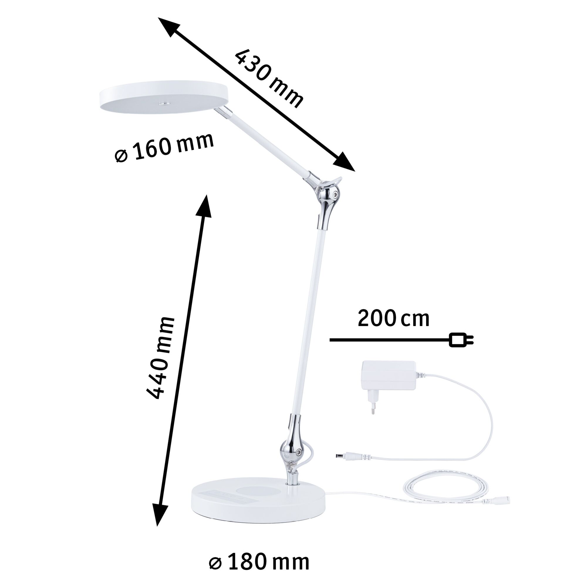 Weiße LED-Tischlampe mit verstellbarem Arm und 200 cm Kabel für moderne Arbeitsplatzbeleuchtung