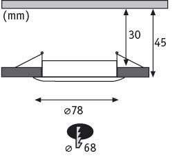 Technische Zeichnung eines runden LED-Einbaustrahler mit 78 mm Durchmesser und 45 mm Einbautiefe