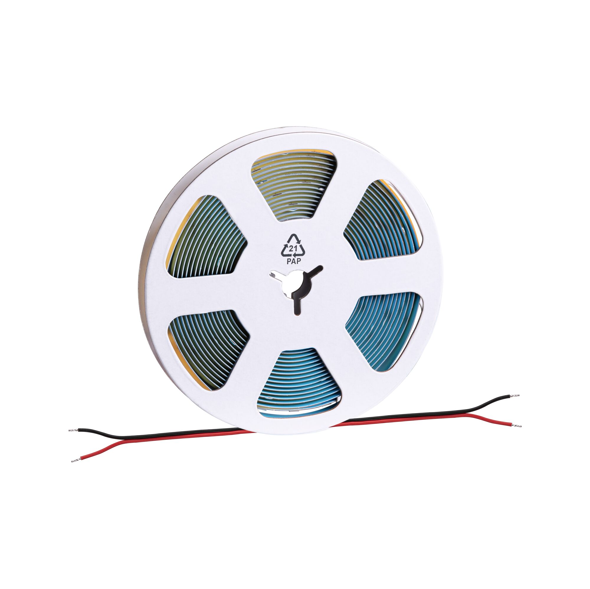 Rolle mit blauem LED-Streifenlicht und rotem und schwarzem Anschlusskabel für flexible Beleuchtung