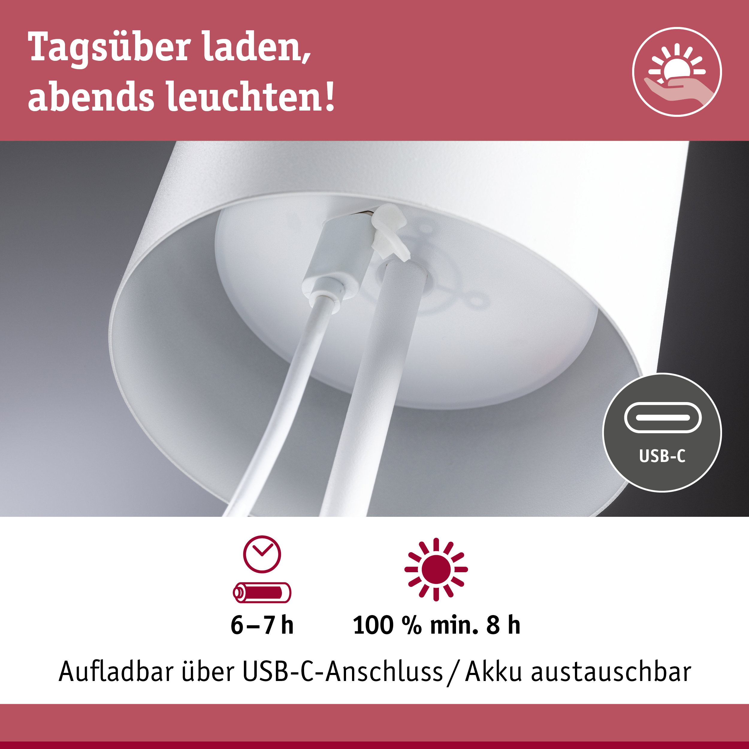 Weißer Lampenschirm mit USB-C Anschluss und Akku, der 6-7 Stunden leuchtet, wiederaufladbar