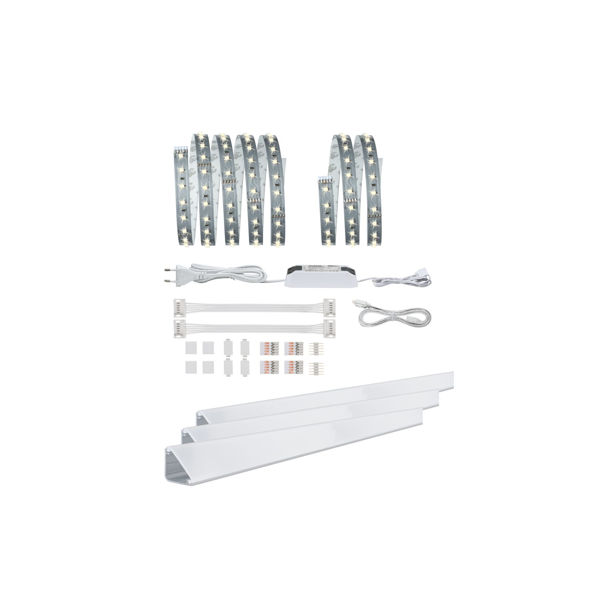 LED strip light set with white aluminum profiles and accessories for flexible lighting solutions
