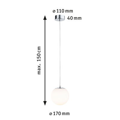 Suspension avec verre blanc et support chromé, diamètre 170 mm, longueur 150 cm, éclairage LED
