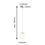 Hanglamp met wit glas en chromen houder, 170 mm diameter, 150 cm lengte, LED-verlichting