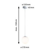 Suspension avec verre blanc et support chromé, diamètre 170 mm, longueur 150 cm, éclairage LED