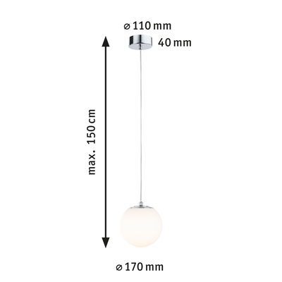 Hanglamp met witte glazen bol en chroom metalen afwerking, max 150 cm lengte, moderne LED lamp