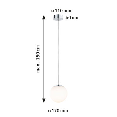 Pendant light with white glass globe and chrome metal, max 150 cm length, modern LED lamp