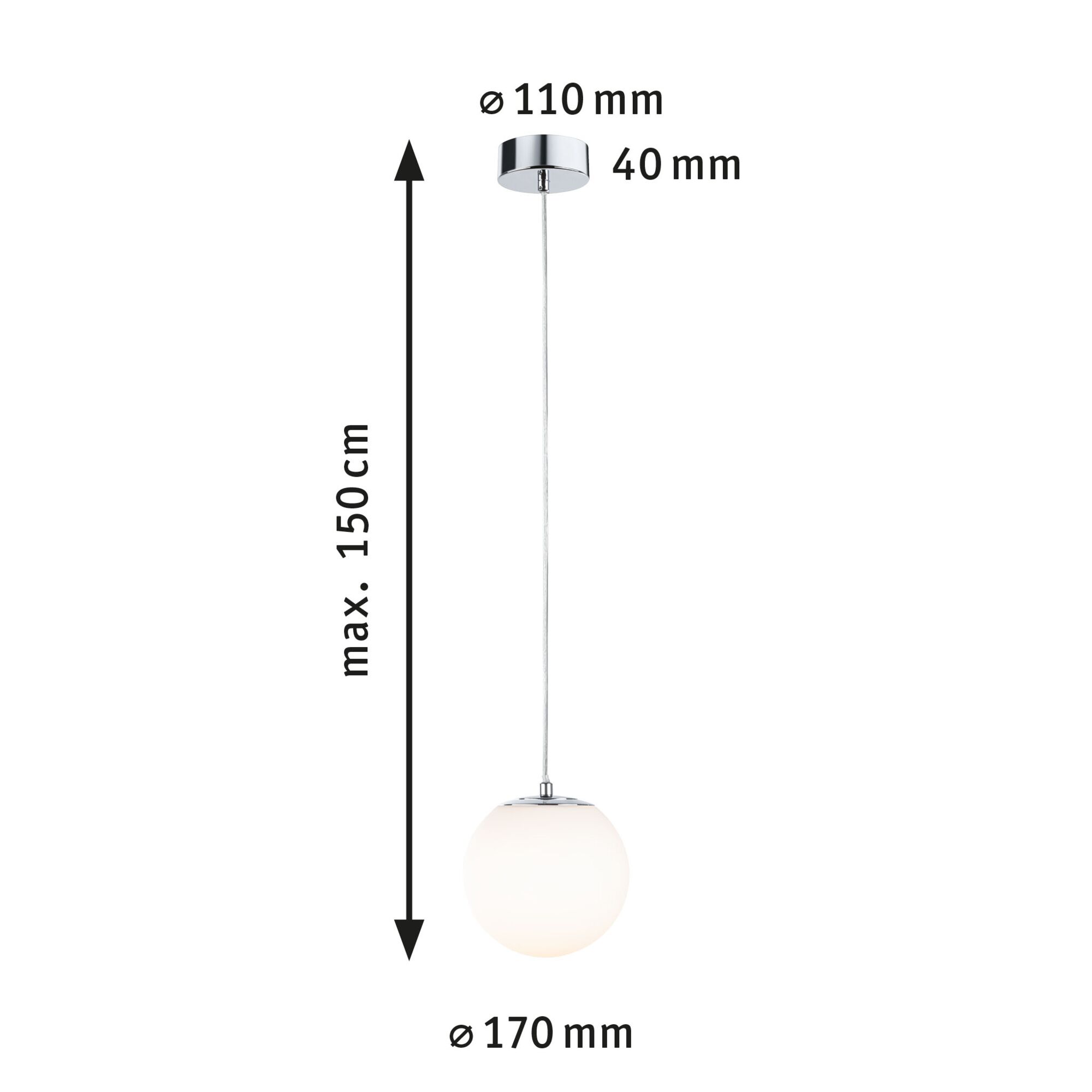 Pendant light with white glass globe and chrome metal, max 150 cm length, modern LED lamp