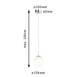 Pendant light with white glass globe and chrome metal, max 150 cm length, modern LED lamp