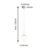 Pendant light with white glass globe and chrome metal, max 150 cm length, modern LED lamp