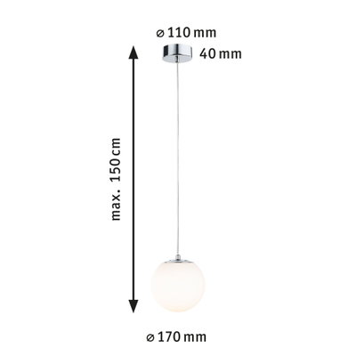Pendant light with white glass globe and chrome metal, max 150 cm length, modern LED lamp