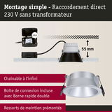Spot encastré LED argenté avec profondeur 55 mm et raccordement direct 230 V sans transformateur