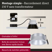Spot encastré en aluminium argenté avec profondeur d'installation de 55 mm et raccordement direct 230 V sans transformateur