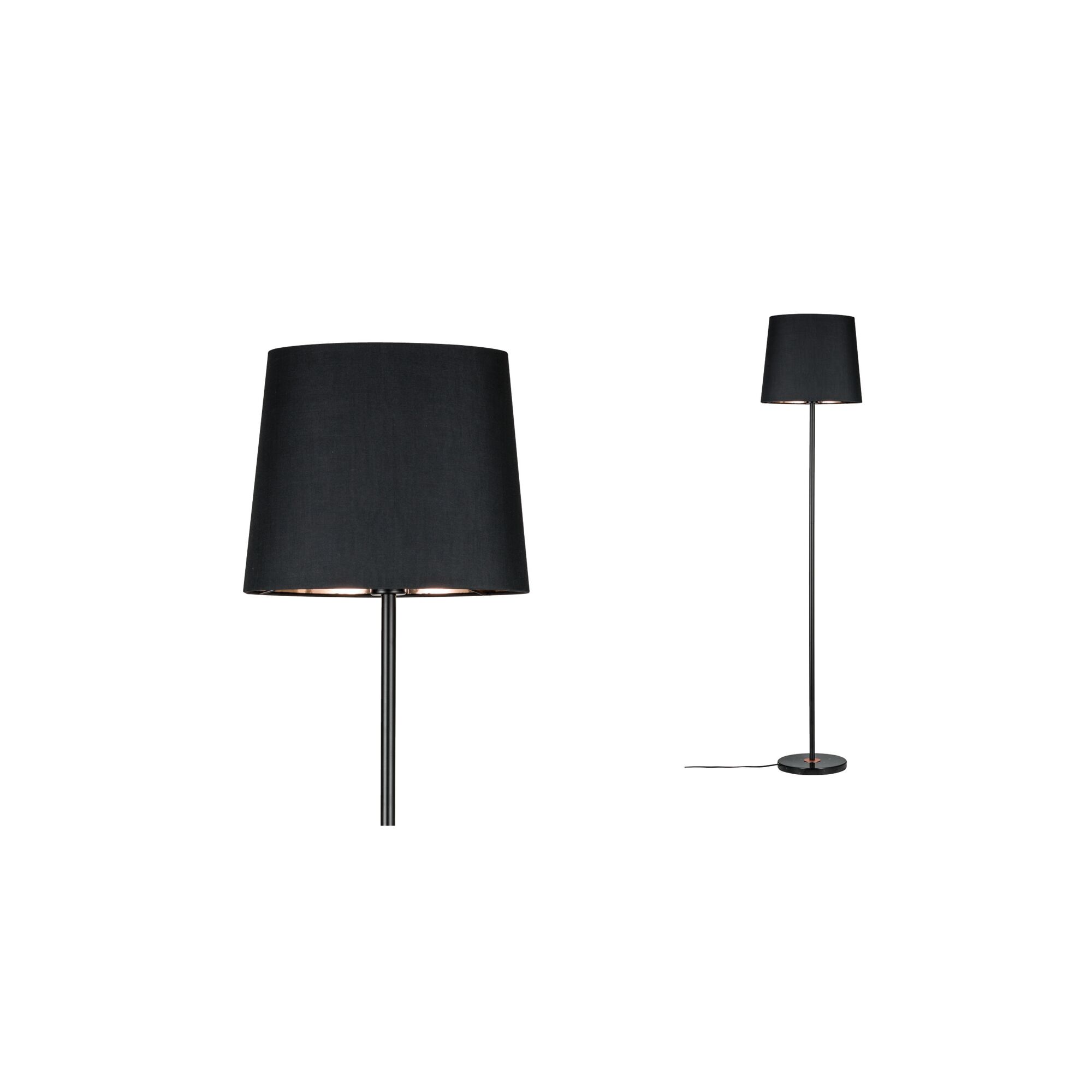 Black floor lamp with fabric shade and metal base, modern design for living room lighting