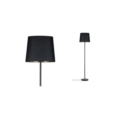 Schwarze Stehlampe mit Stoffschirm und Metallfuß, modernes Design für Wohnraumbeleuchtung