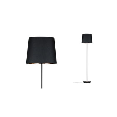Schwarze Stehlampe mit Stoffschirm und Metallfuß, modernes Design für Wohnraumbeleuchtung