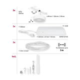 Technische Zeichnung mit weißen LED-Strahlern, Trafo, 10m Kabel und Montagematerial für Beleuchtungssystem.