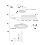 Technische Zeichnung mit weißen LED-Strahlern, Trafo, 10m Kabel und Montagematerial für Beleuchtungssystem.