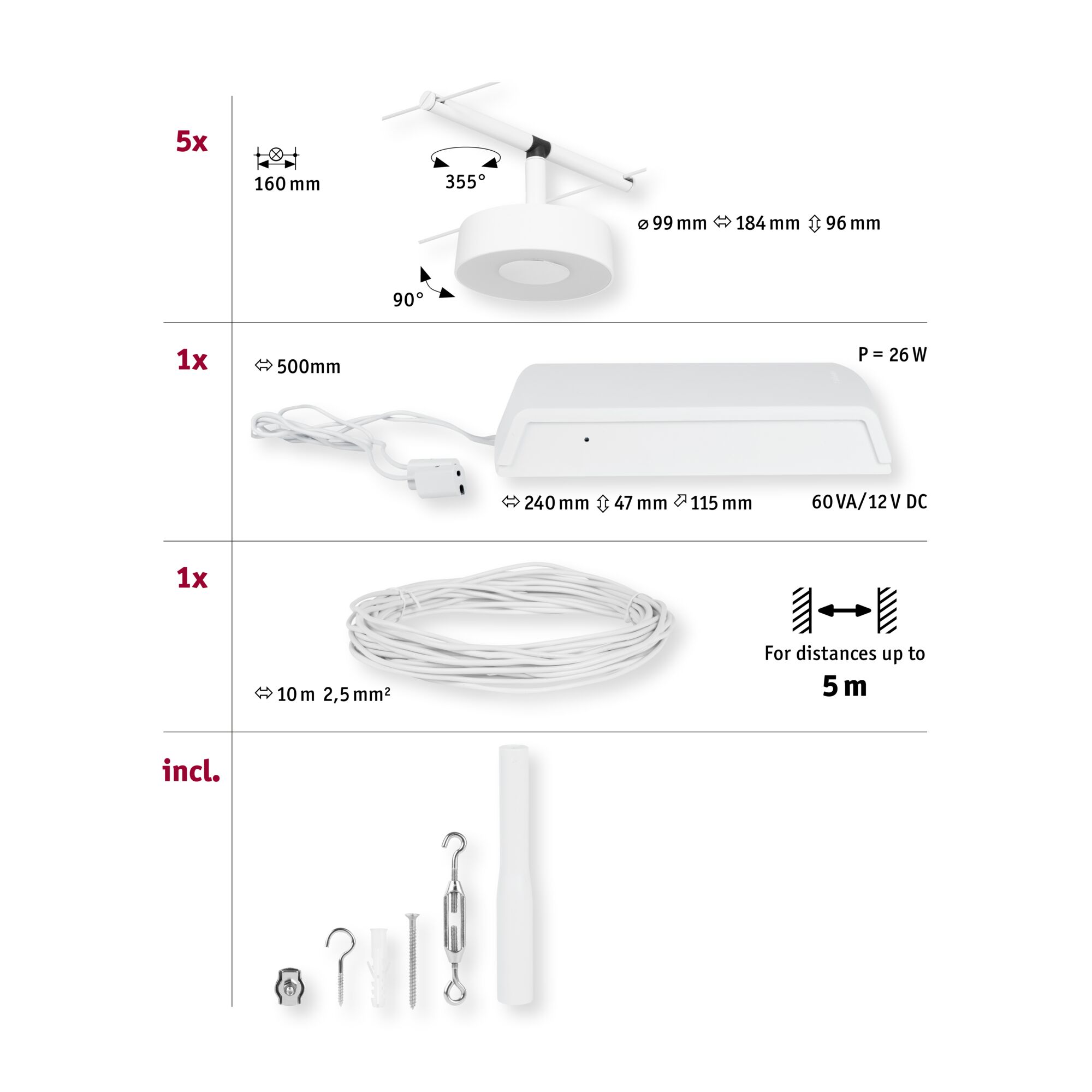Technische Zeichnung mit weißen LED-Strahlern, Trafo, 10m Kabel und Montagematerial für Beleuchtungssystem.