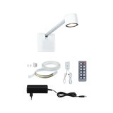 White LED wall spotlight with remote, power adapter, and LED strip for versatile lighting solutions.