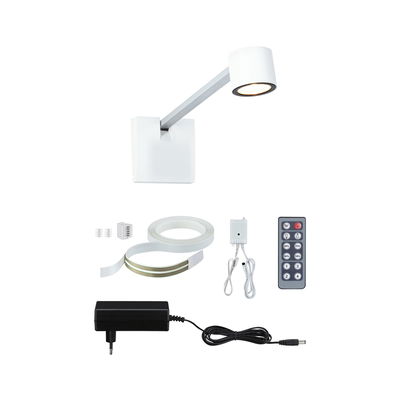 White LED wall spotlight with remote, power adapter, and LED strip for versatile lighting solutions.