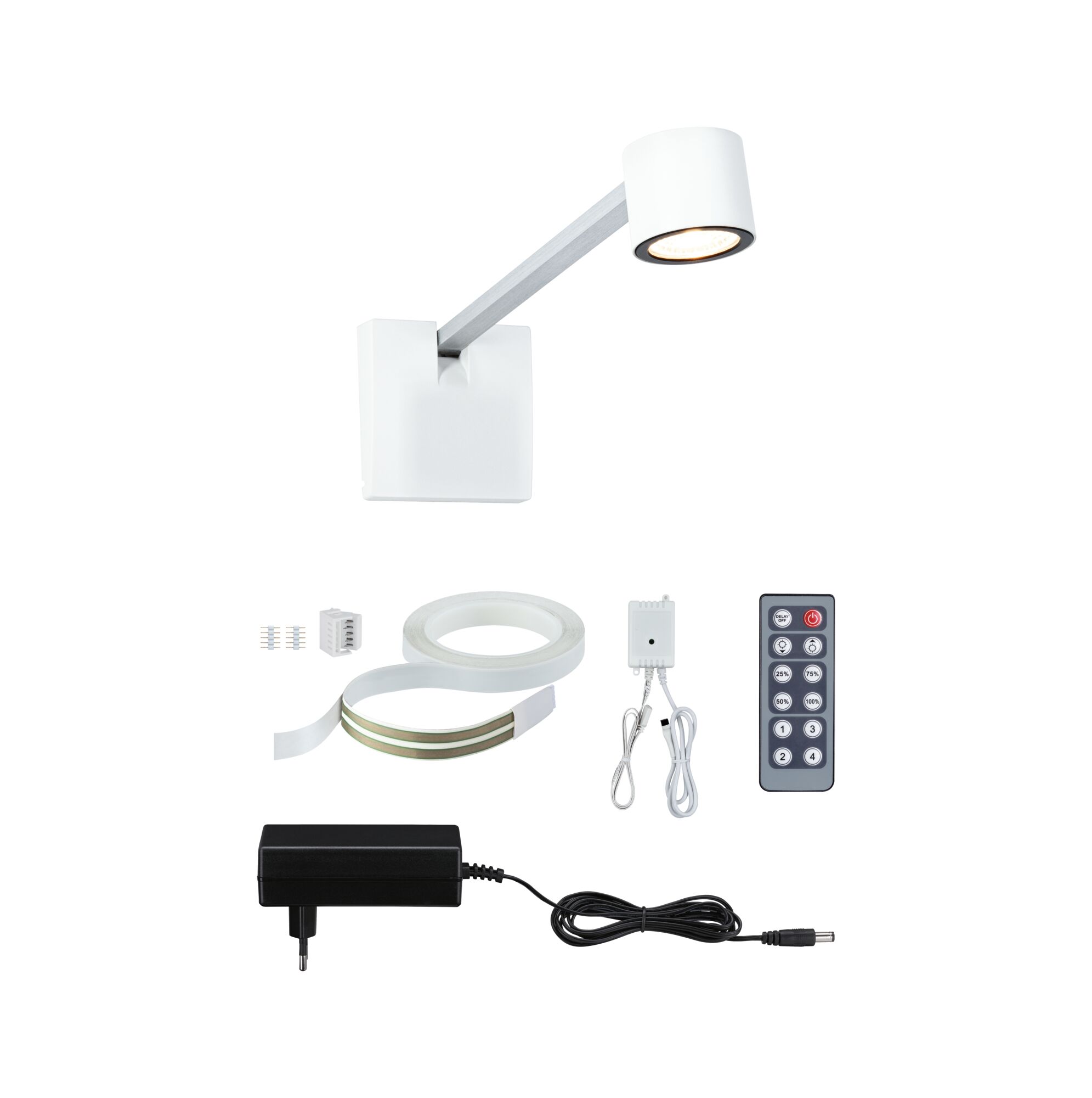 LED Bilderleuchte Adelia 2700K 370lm 230/24V 4,5W dimmbar Alu gebürstet Weißer LED-Wandstrahler mit Fernbedienung, Netzteil und LED-Lichtband für flexible Beleuchtung.