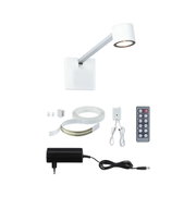 Weißer LED-Wandstrahler mit Fernbedienung, Netzteil und LED-Lichtband für flexible Beleuchtung.