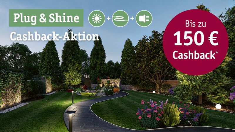 Gartenweg mit moderner Plug & Shine LED-Beleuchtung und Cashback-Aktion bis 150 Euro