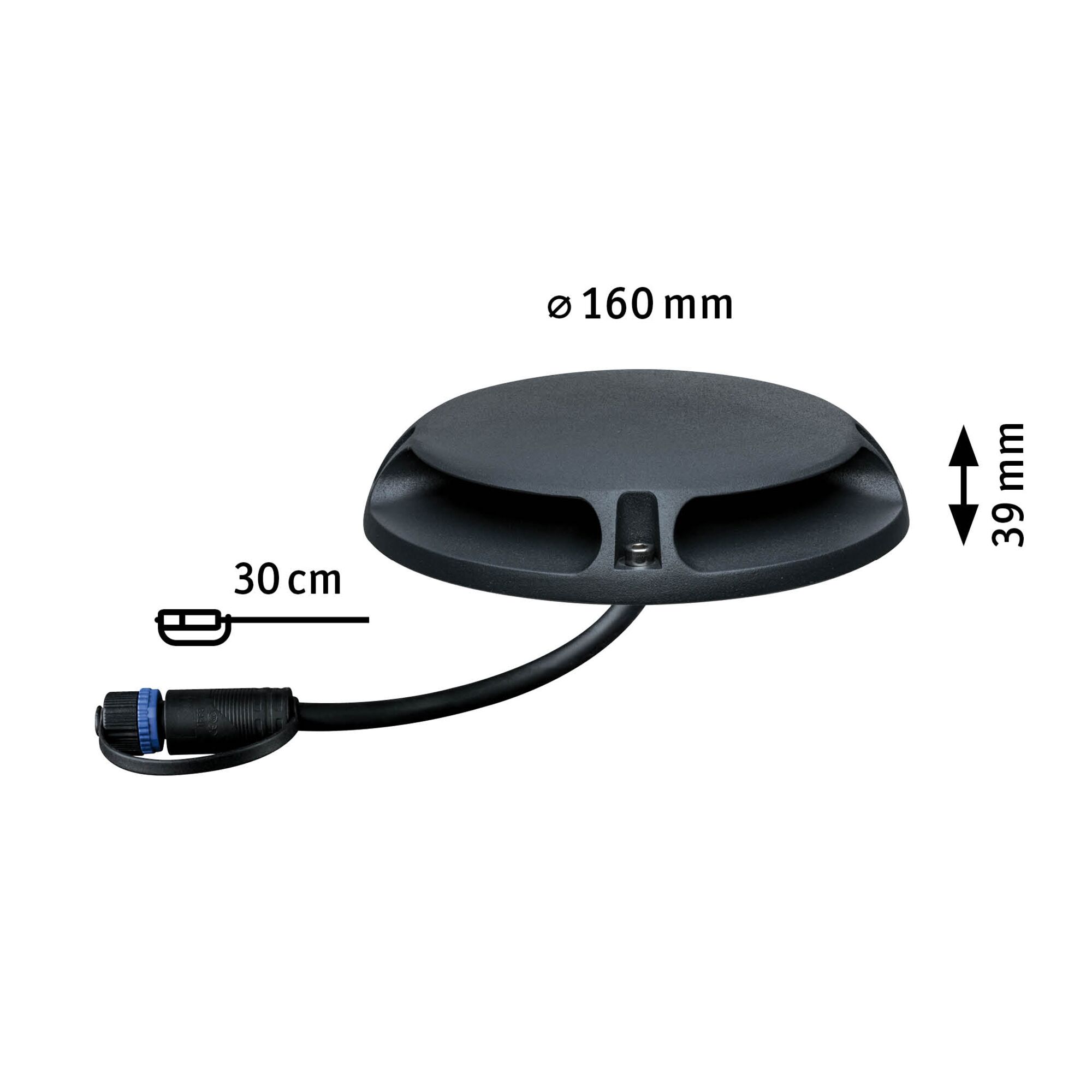 Round black plastic housing with cable and connector, dimensions 160 mm diameter, 39 mm height