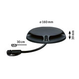 Black round plastic housing with cable and connector, technical dimensions shown