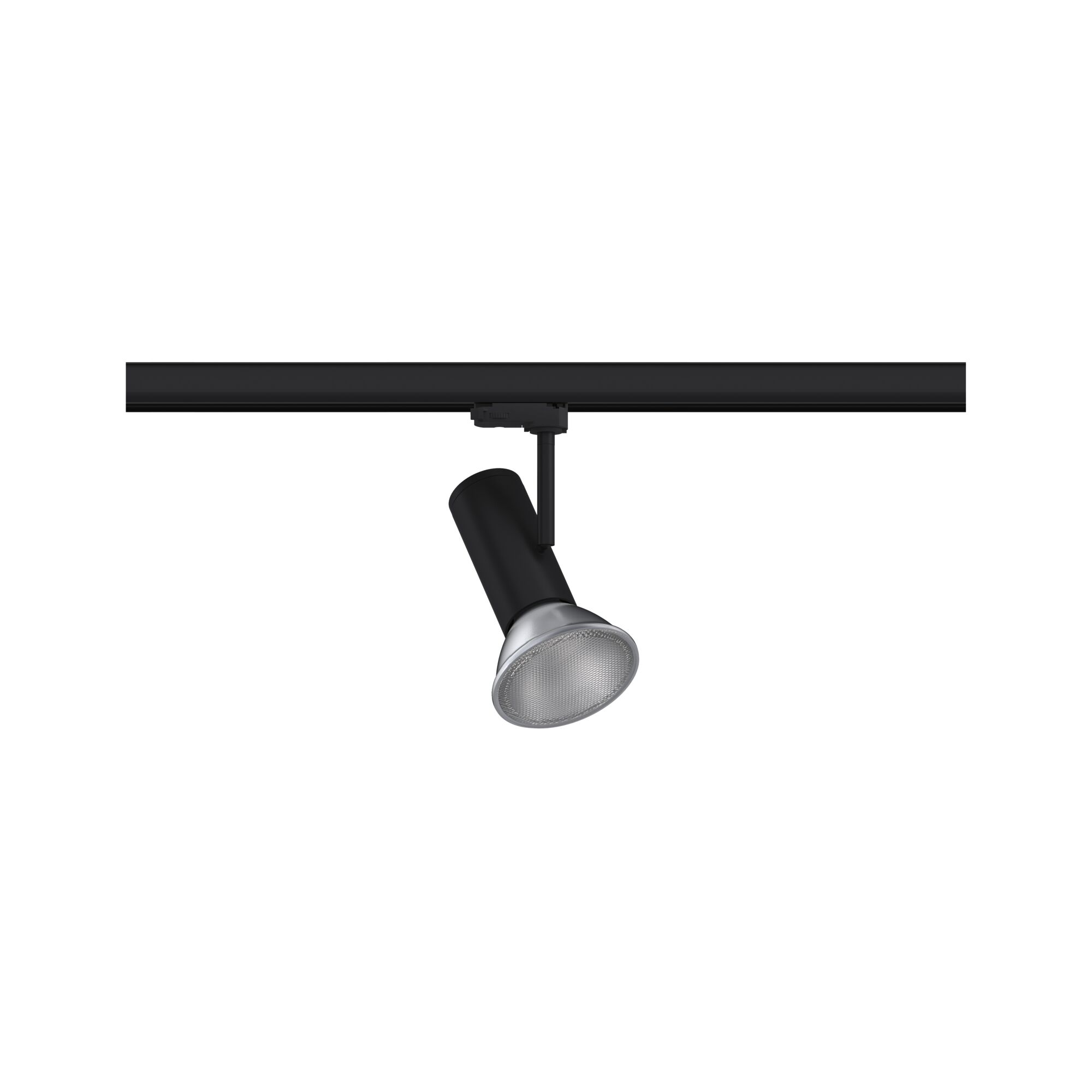 Black LED track light with silver reflector for modern indoor lighting solutions