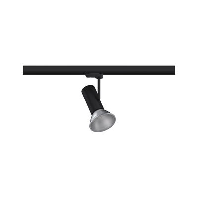 Black LED track light with silver reflector for modern indoor lighting solutions