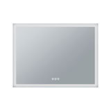 Rectangular LED mirror with white frame and touch controls for bathroom lighting and anti-fog feature