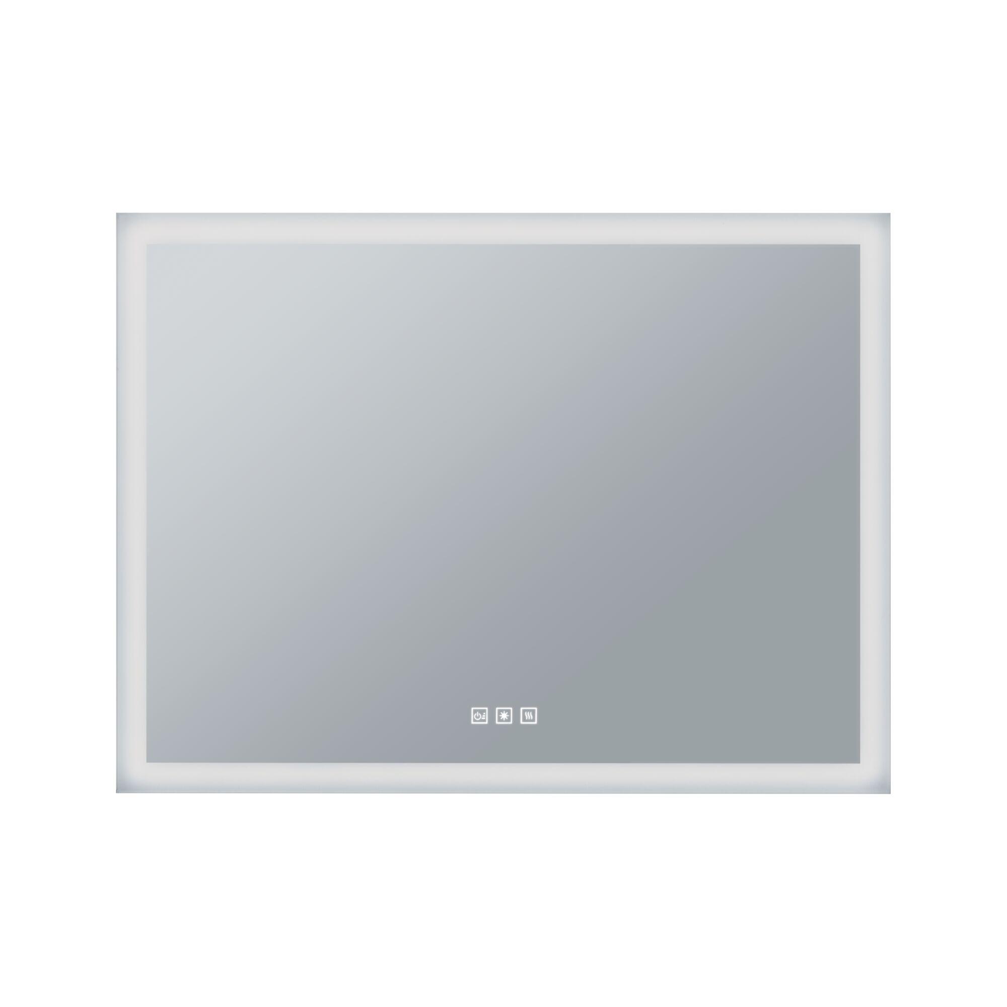 Rectangular mirror with white LED frame and touch sensors for bathroom lighting and heating function