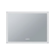 Rectangular mirror with white LED frame and touch sensors for bathroom lighting and heating function