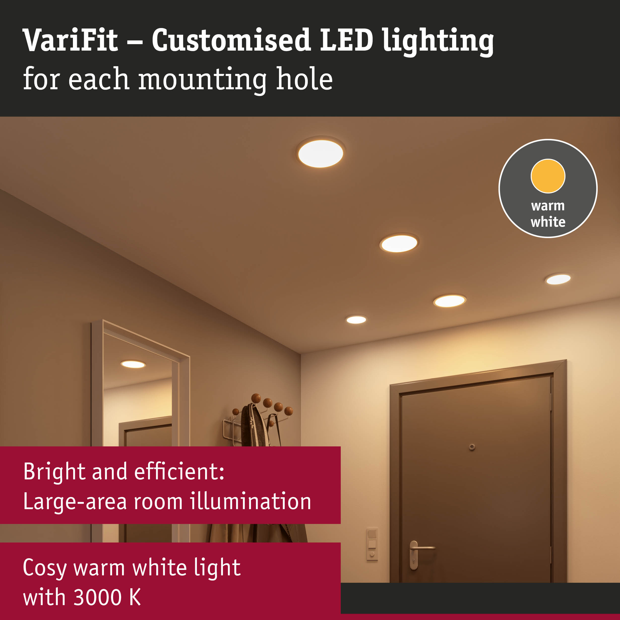 VariFit recessed LED lights with warm white 3000K for bright and efficient room illumination