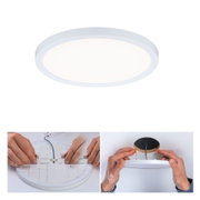 Runde weiße LED-Deckenleuchte aus Kunststoff mit Montageanleitung und Anschlussdetails