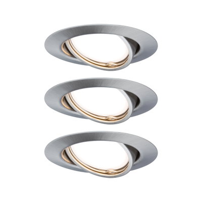 Three round recessed spotlights in brushed silver aluminum for modern LED lighting solutions.