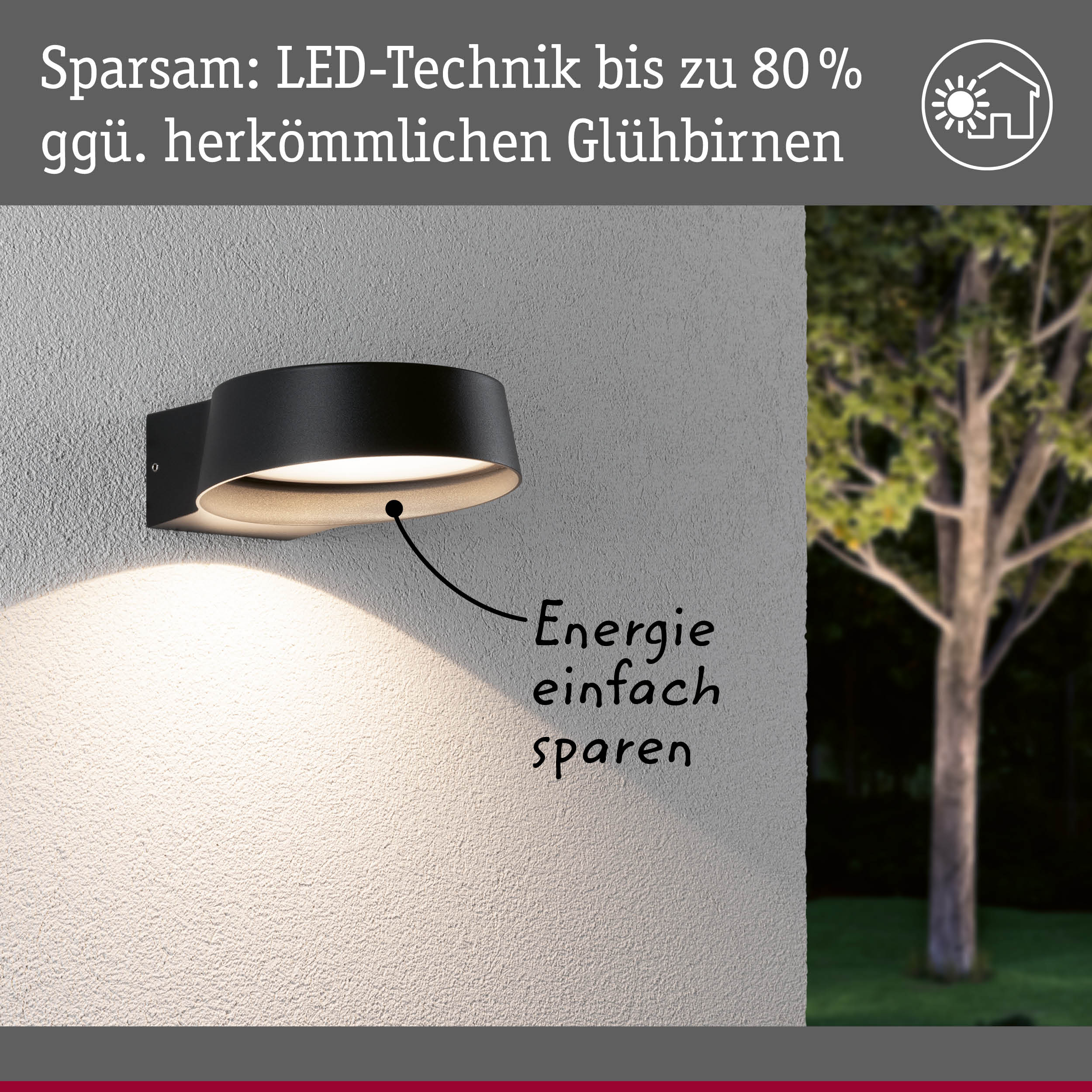 Schwarze LED-Außenwandleuchte aus Metall an grauer Wand mit energiesparender Beleuchtung